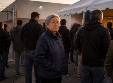 Older East Asian woman with gray hair and glasses waiting in line outside a security tent at dawn, surrounded by coworkers.