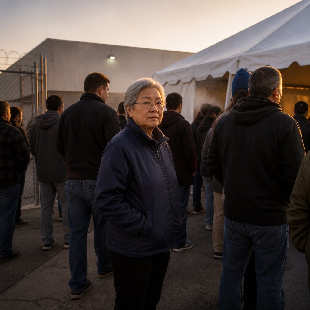 Older East Asian woman with gray hair and glasses waiting in line outside a security tent at dawn, surrounded by coworkers.