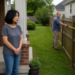 Woman watching a man measuring the fence line from her porch, expression worried.