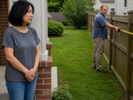 Woman watching a man measuring the fence line from her porch, expression worried.