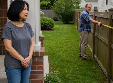 Woman watching a man measuring the fence line from her porch, expression worried.