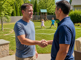 Homeowner shaking hands with contractor in backyard with pool area marked out