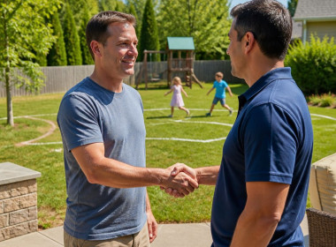 Homeowner shaking hands with contractor in backyard with pool area marked out