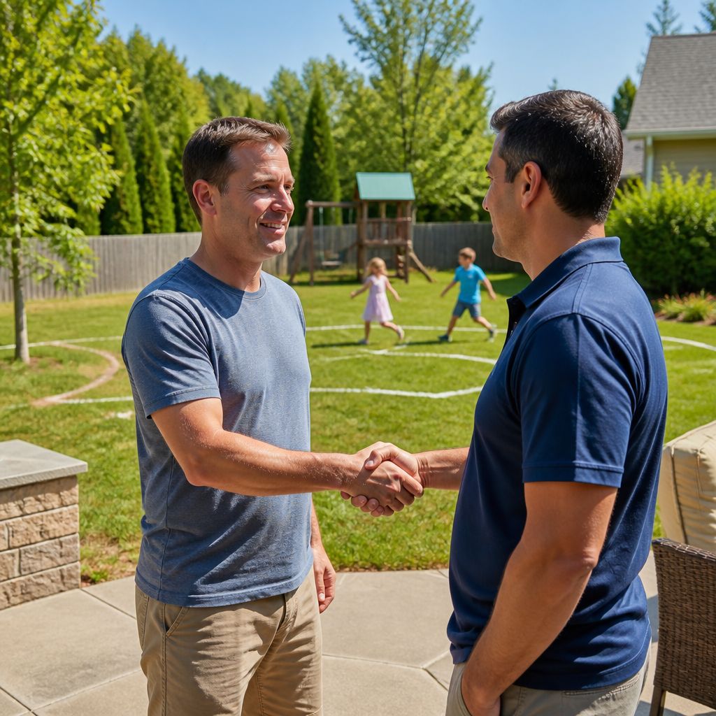 Homeowner shaking hands with contractor in backyard with pool area marked out