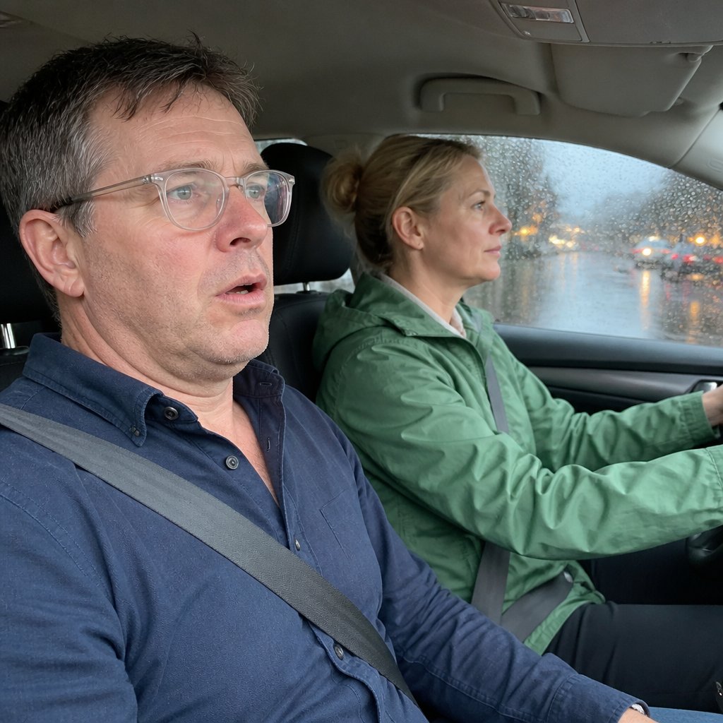 Man with slurred speech sitting in car passenger seat, woman driving through rainstorm.