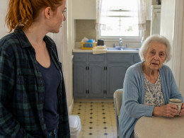 Young woman watching elderly woman sitting at kitchen table, who looks pale and tired.