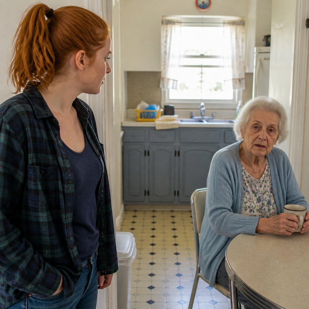 Young woman watching elderly woman sitting at kitchen table, who looks pale and tired.