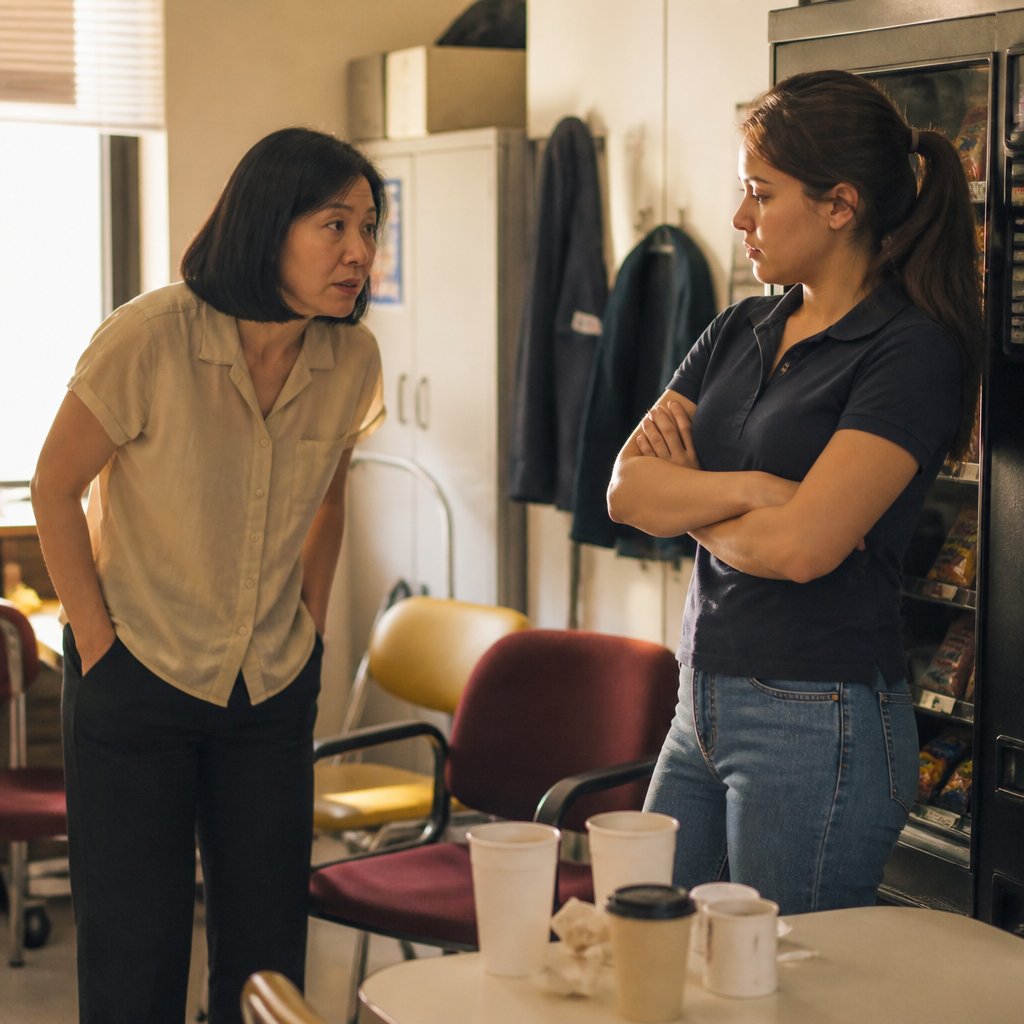 Maya speaking quietly to Danielle in a cluttered break room, Danielle looking detached with crossed arms.