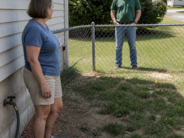Woman looking concerned at dry spigot while neighbor stands behind fence observing.