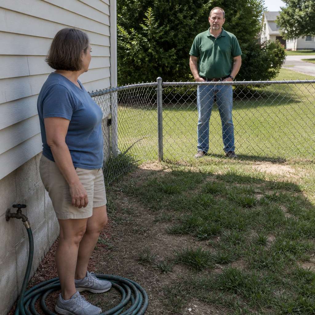 Woman looking concerned at dry spigot while neighbor stands behind fence observing.