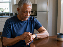 Middle-aged Black man checking buzzing smartwatch at kitchen table, looking worried.
