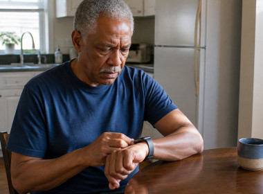 Middle-aged Black man checking buzzing smartwatch at kitchen table, looking worried.