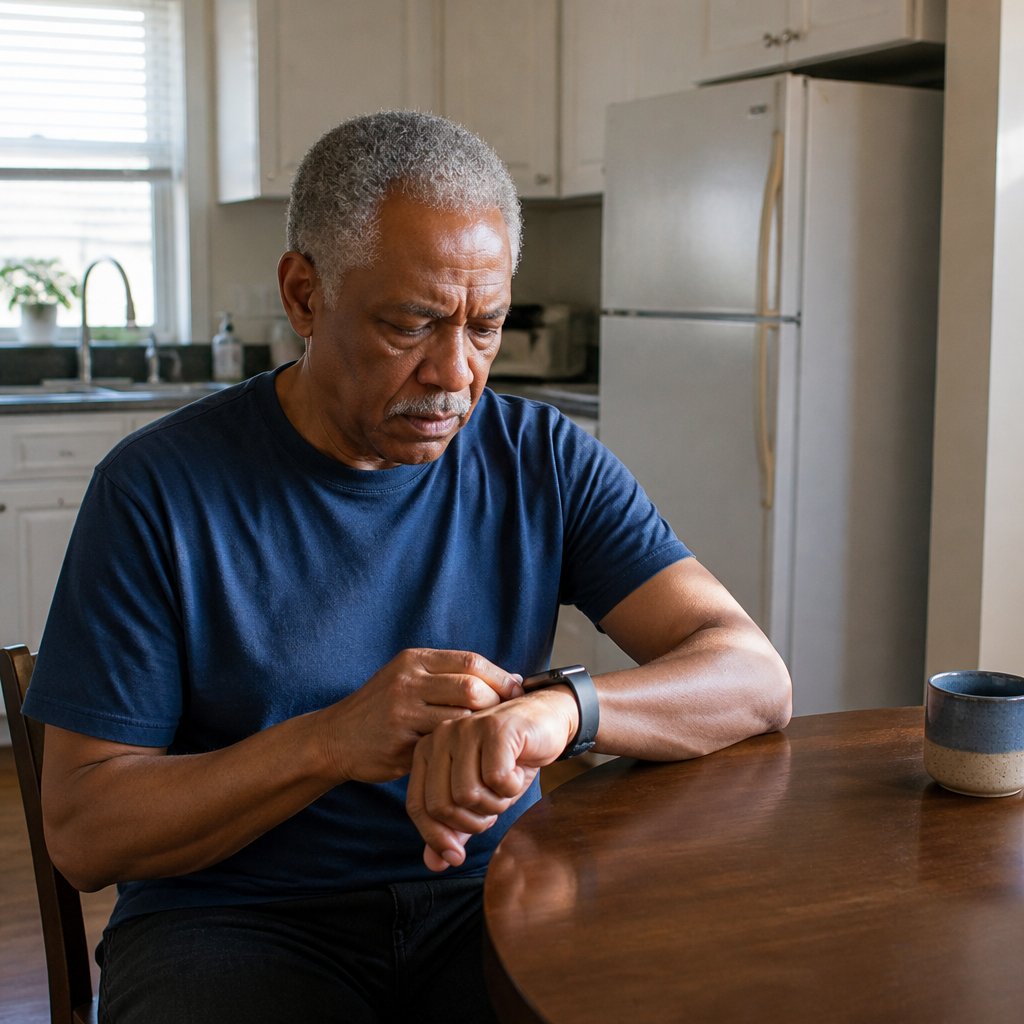 Middle-aged Black man checking buzzing smartwatch at kitchen table, looking worried.
