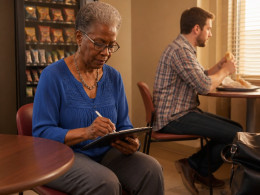 Older Black woman signing a tablet at a kiosk in a cluttered break room, with a coworker eating nearby.