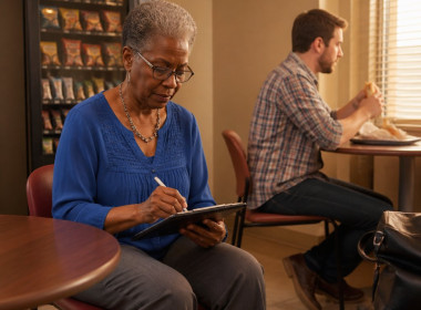 Older Black woman signing a tablet at a kiosk in a cluttered break room, with a coworker eating nearby.
