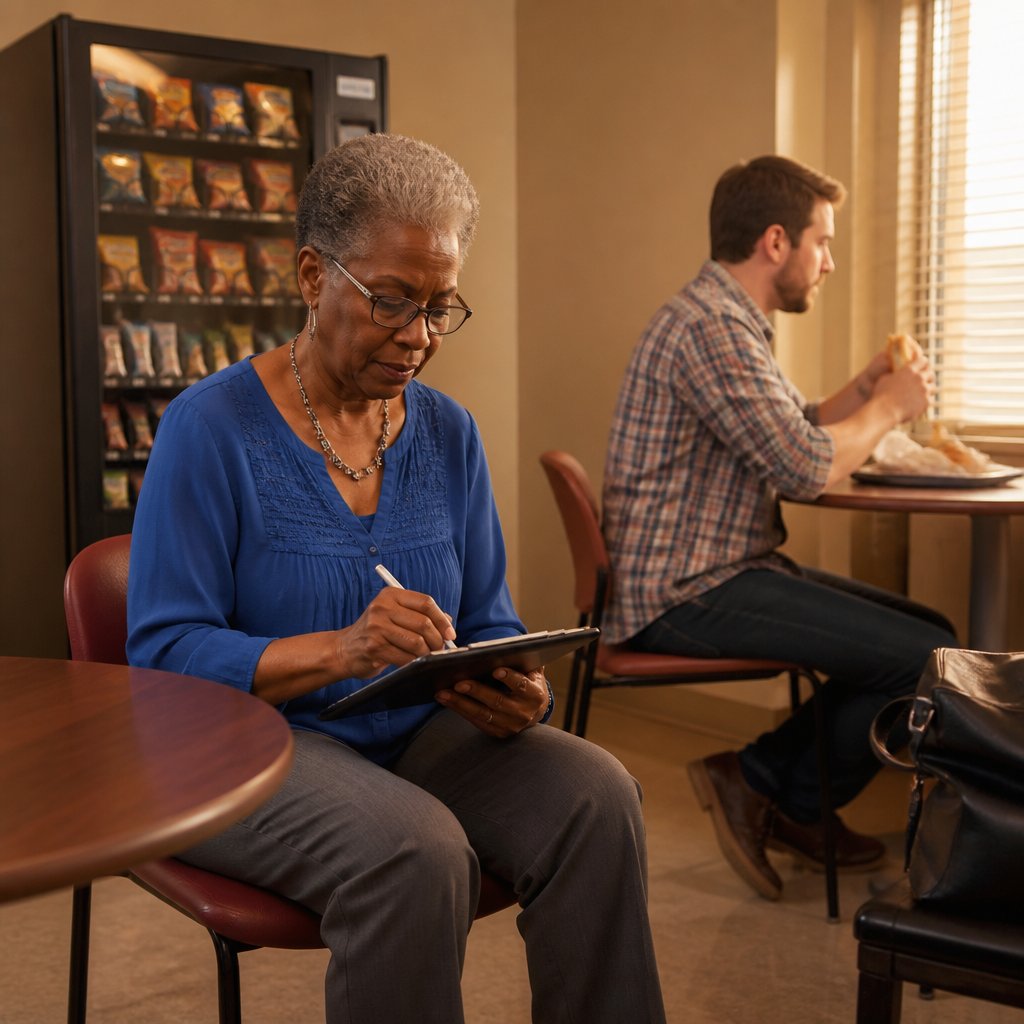 Older Black woman signing a tablet at a kiosk in a cluttered break room, with a coworker eating nearby.