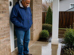 Black man in blue windbreaker looking at empty front porch after missing packages