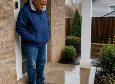 Black man in blue windbreaker looking at empty front porch after missing packages