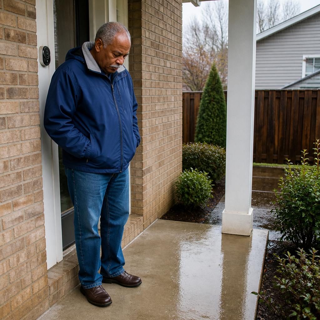 Black man in blue windbreaker looking at empty front porch after missing packages