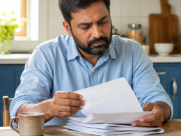 Man reviewing hospital discharge papers at kitchen table looking concerned.