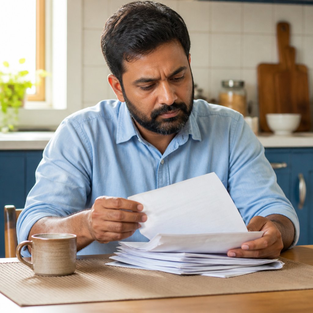 Man reviewing hospital discharge papers at kitchen table looking concerned.