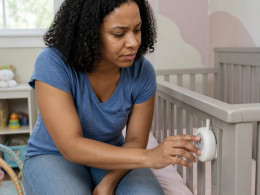 Woman touching a warm baby monitor on a crib rail in a nursery, looking concerned.