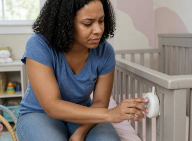 Woman touching a warm baby monitor on a crib rail in a nursery, looking concerned.