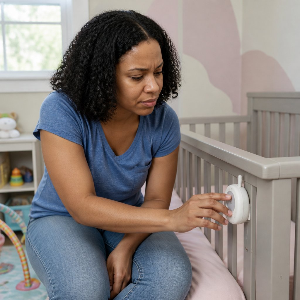 Woman touching a warm baby monitor on a crib rail in a nursery, looking concerned.