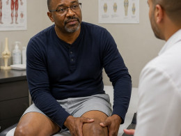 Man sitting in orthopedist's office before knee surgery looking slightly nervous