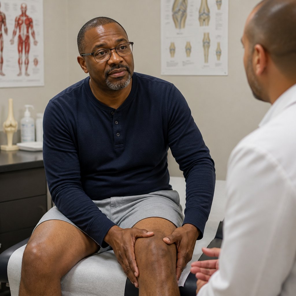 Man sitting in orthopedist's office before knee surgery looking slightly nervous