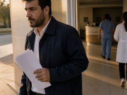 Man leaving hospital holding documents with a serious expression, hospital staff blurred in background.