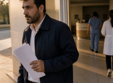 Man leaving hospital holding documents with a serious expression, hospital staff blurred in background.