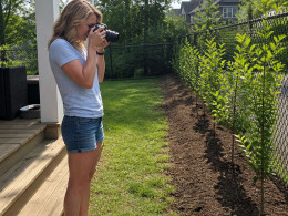 Woman on back porch photographing a row of young saplings along a fence line in a suburban backyard.