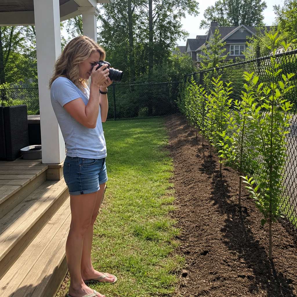 Woman on back porch photographing a row of young saplings along a fence line in a suburban backyard.