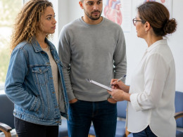 Intake nurse discussing symptoms with young woman and her husband in a cardiology office.