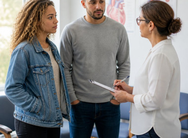 Intake nurse discussing symptoms with young woman and her husband in a cardiology office.