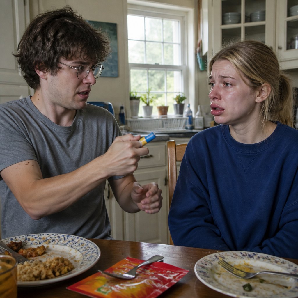Man administering EpiPen to woman with swollen lips at kitchen table