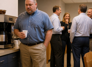 Man near coffee machine in an office break room, coworkers nearby but distant, fluorescent lights overhead.