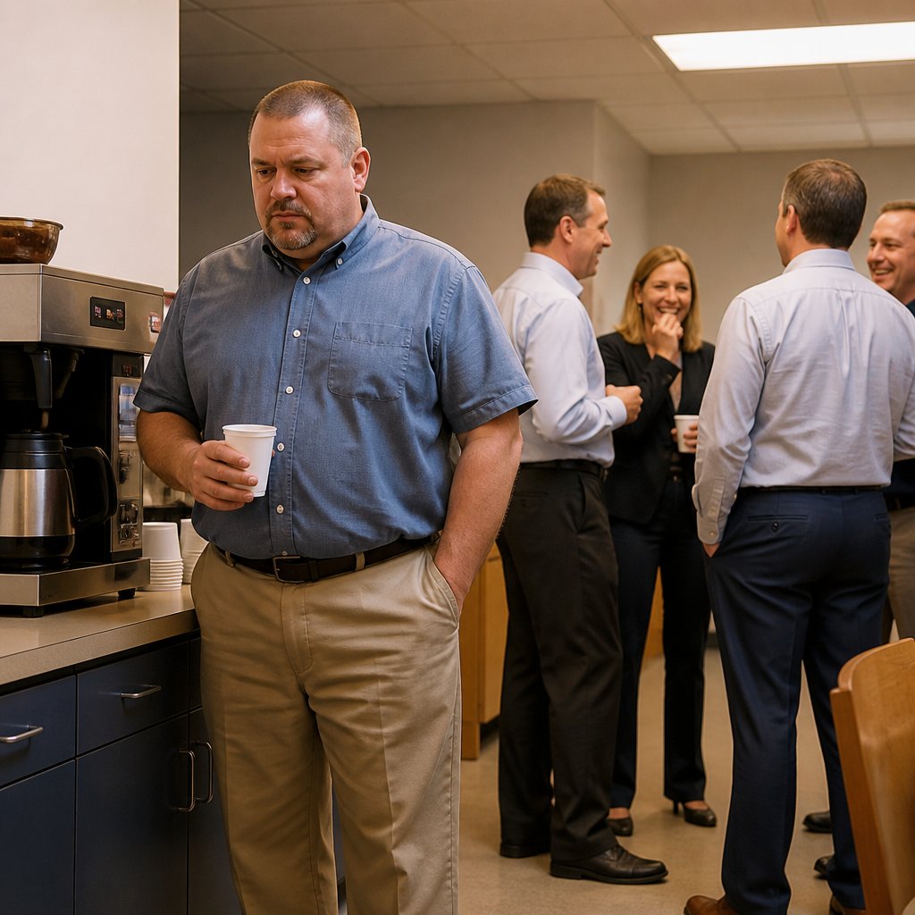 Man near coffee machine in an office break room, coworkers nearby but distant, fluorescent lights overhead.