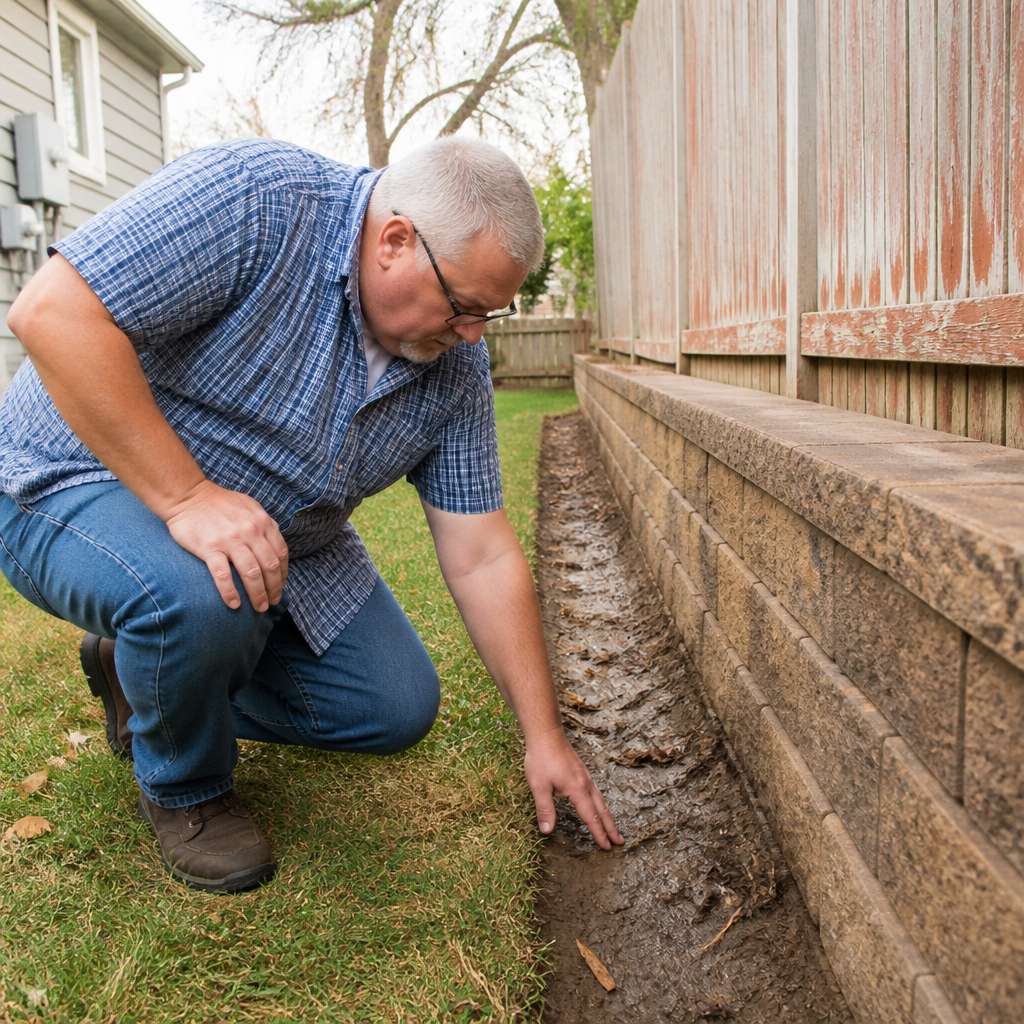 Man inspecting damp soil line by fence near retaining wall in backyard.