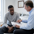 Patient and neurologist discussing medical charts in a clinical office setting.