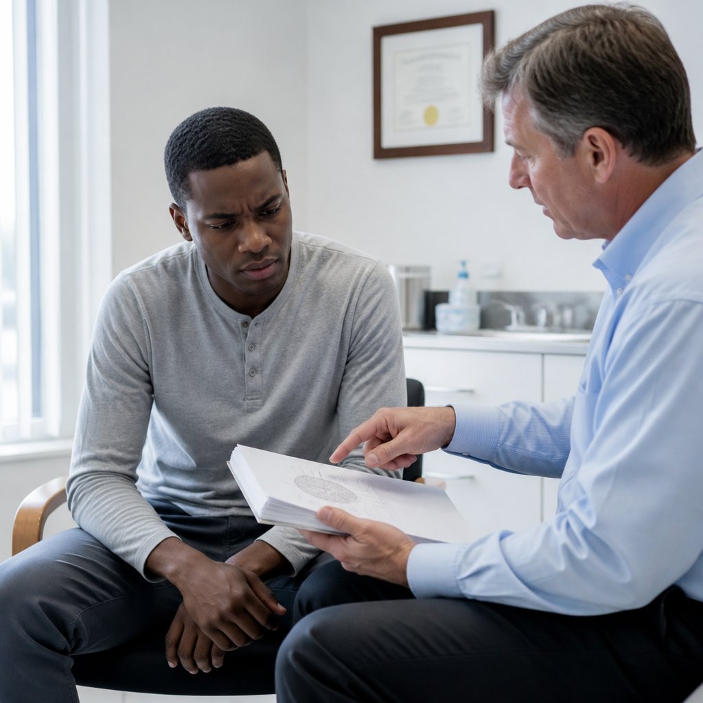 Patient and neurologist discussing medical charts in a clinical office setting.