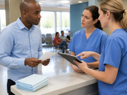 Man speaking to two nurses at a surgery center reception desk, both nurses showing confusion while discussing paperwork.