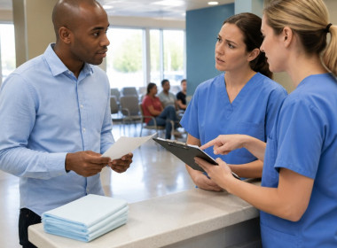 Man speaking to two nurses at a surgery center reception desk, both nurses showing confusion while discussing paperwork.