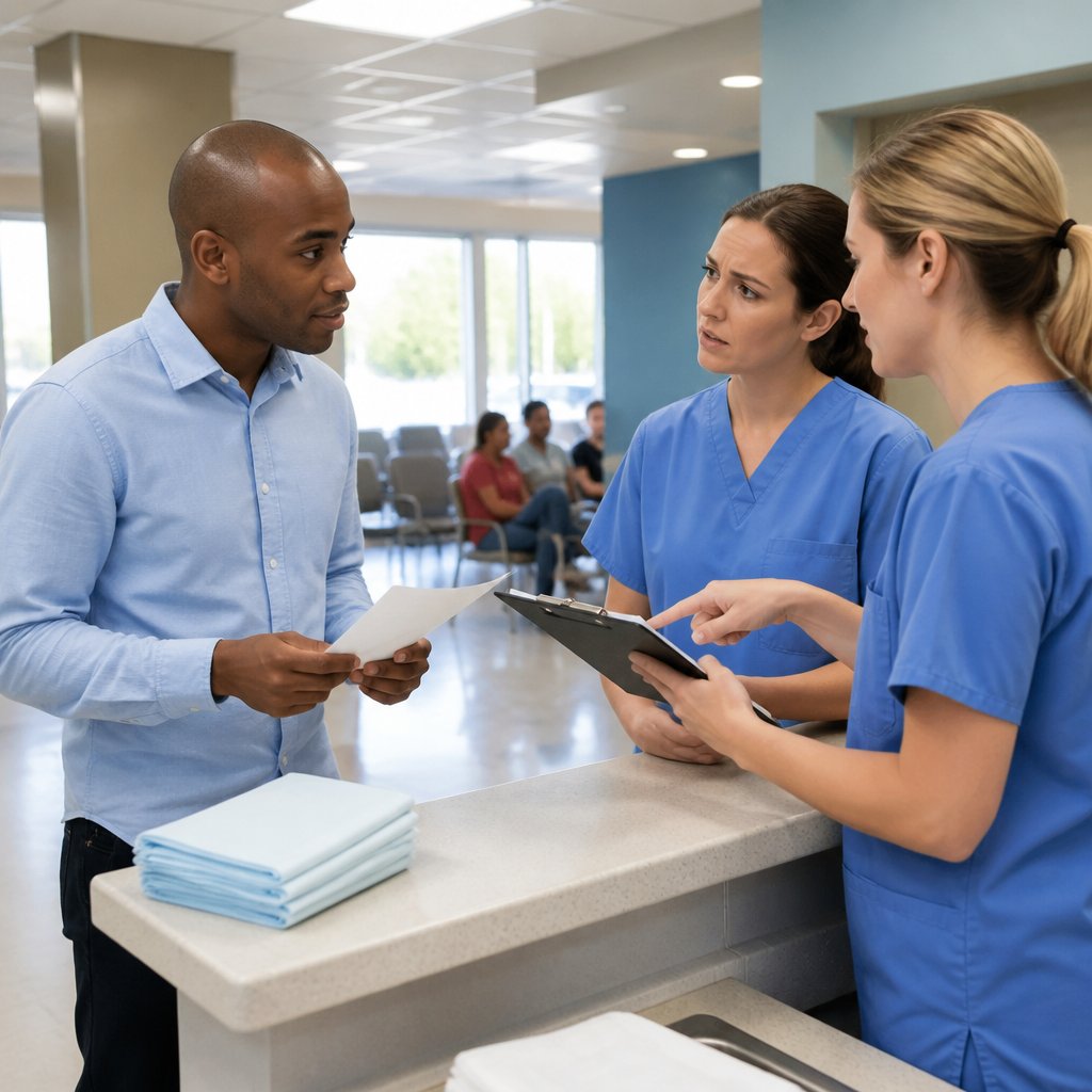 Man speaking to two nurses at a surgery center reception desk, both nurses showing confusion while discussing paperwork.
