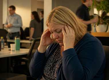 Woman holding her head in a quiet office corner, isolated from noisy coworkers.