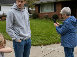 Young man and older woman near cracked sidewalk, woman filming seam, suburban front yard.