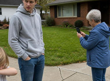 Young man and older woman near cracked sidewalk, woman filming seam, suburban front yard.