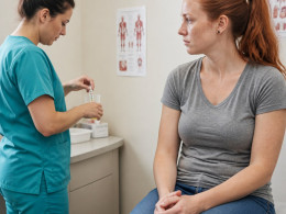 Freckled young woman watching a medical assistant dip a urine test cup in a clinic room.