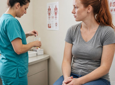 Freckled young woman watching a medical assistant dip a urine test cup in a clinic room.
